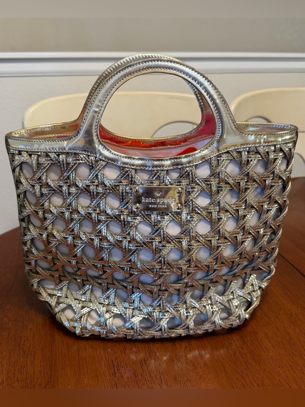Kate Spade New York Womens Top Handle Bag Purse Gold Metallic Leather Woven